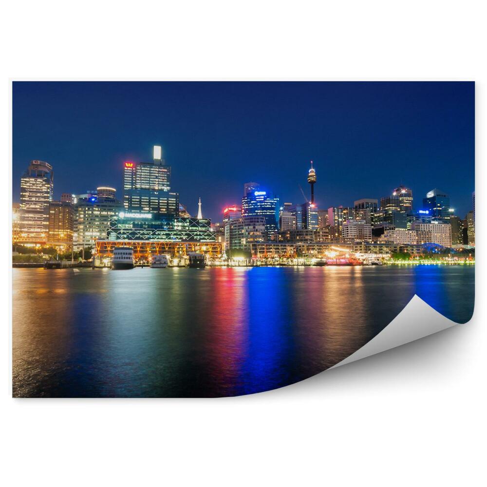 Fotótapéta felhőkarcolók csónakok óceán fényei éjszaka Sydney