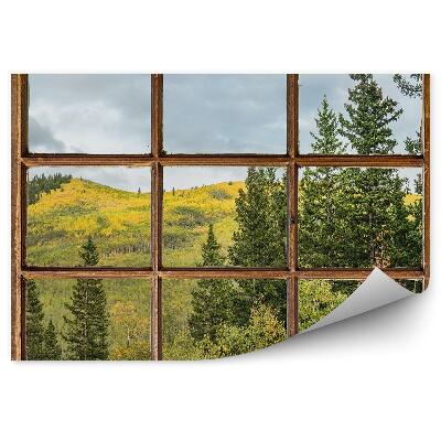 Fotótapéta Hegyek karácsonyfák zöld növényzet az ablakon kívül