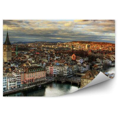 Öntapadós fotótapéta Zürich város panoráma épületek templom folyó égbolt felhők