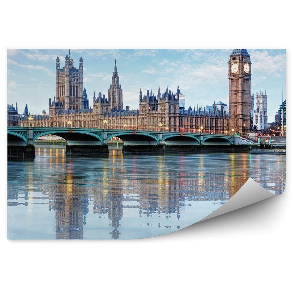 Poszter tapéta Westminster Palace Big Ben Bridge Temze London égbolt felhői