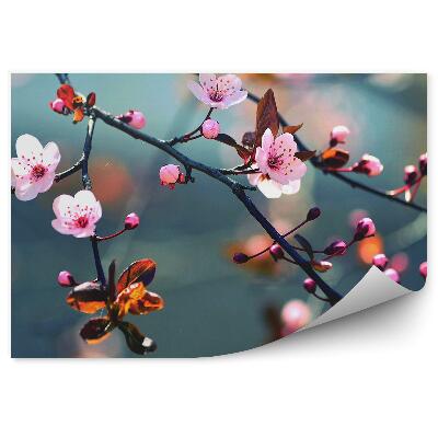 Poszter tapéta Rózsaszín cseresznye virágok narancssárga levelek szürke háttér