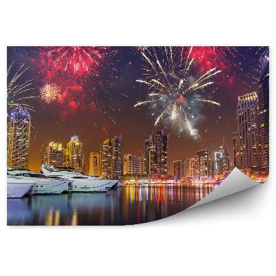 Fotótapéta felhőkarcolók jachtok fények tűzijáték fények Dubai