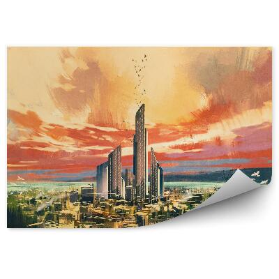 Öntapadós fotótapéta Sci-fi város fák fű színes égbolt