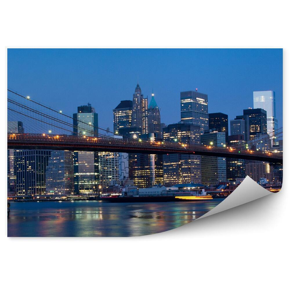 Poszter tapéta felhőkarcolók hidak óceán New York éjszakai fényei