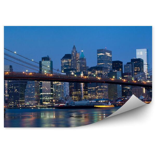 Poszter tapéta felhőkarcolók hidak óceán New York éjszakai fényei