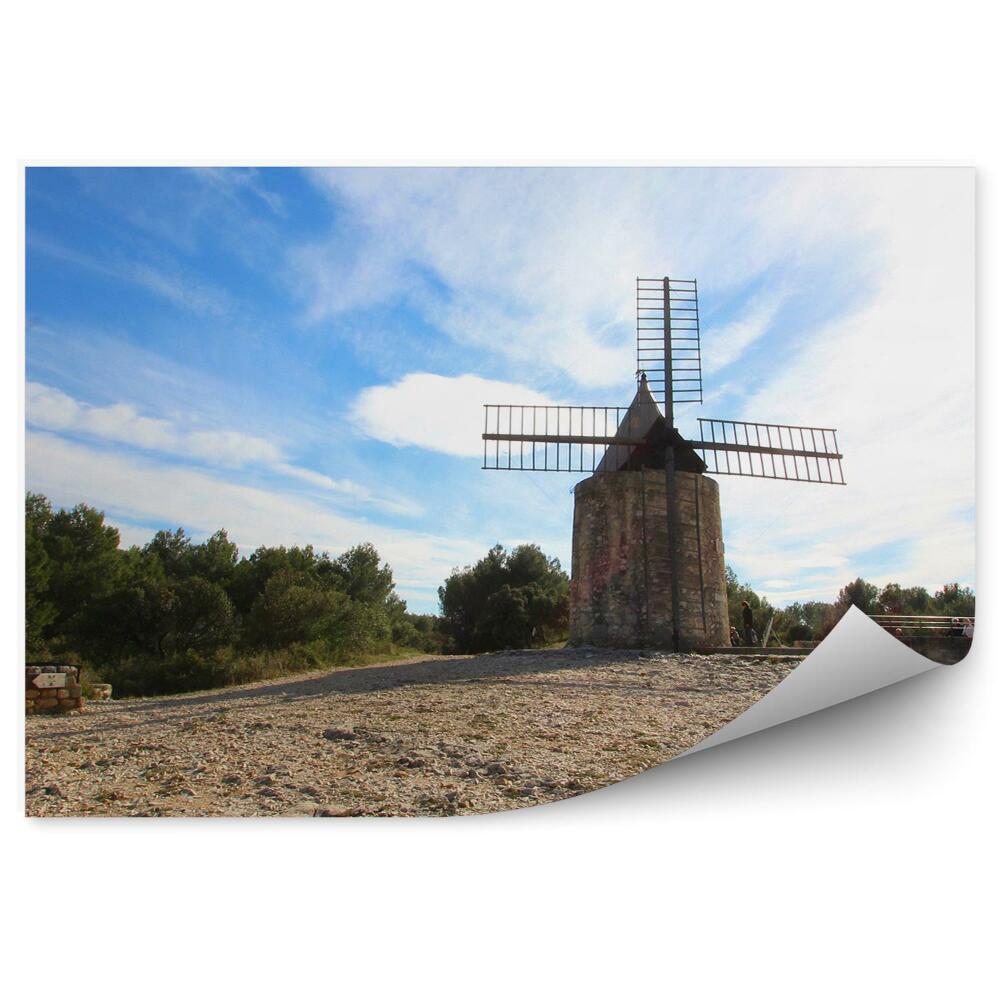 Poszter tapéta szélmalom Provence fák ég hegy Franciaország