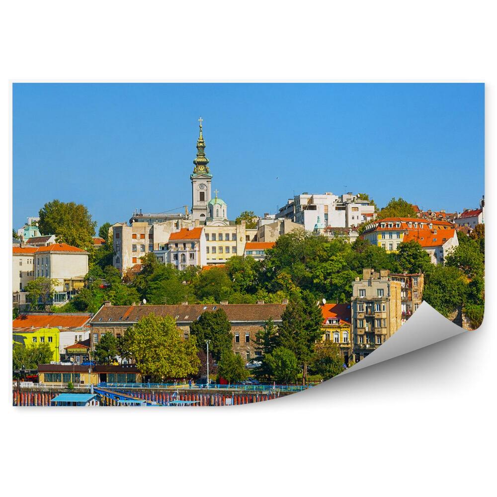 Modern fotótapéta Belgrád Száva folyó város panoráma épületek jachtok folyó ég templom