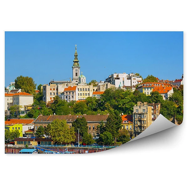 Modern fotótapéta Belgrád Száva folyó város panoráma épületek jachtok folyó ég templom