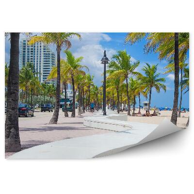 Öntapadós fotótapéta falra Pálmafák felhőkarcoló autók emberek strand alacsony fal