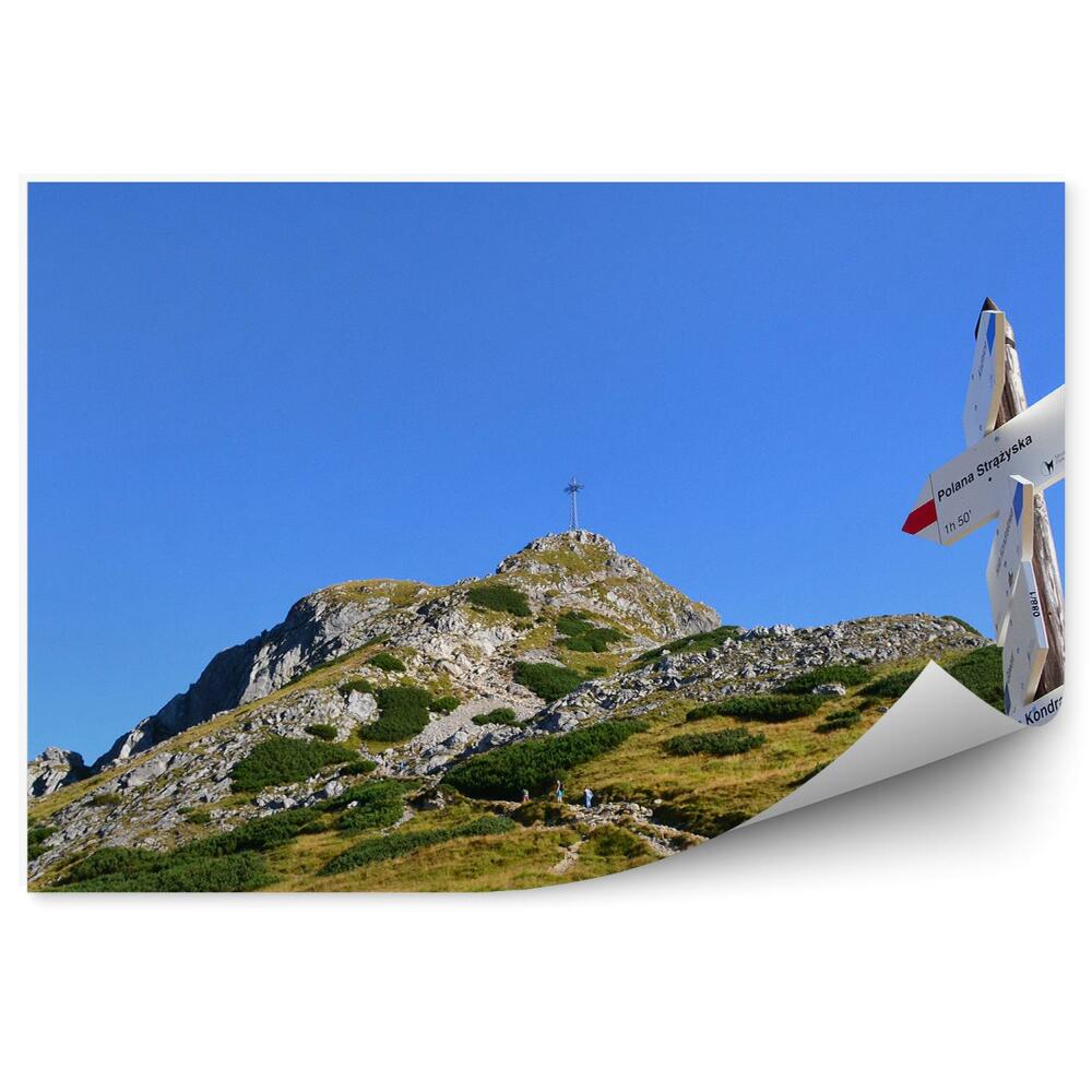 Öntapadós fotótapéta falra Cross Giewont sziklák növények kilátás hegyekre Tátra jel ég