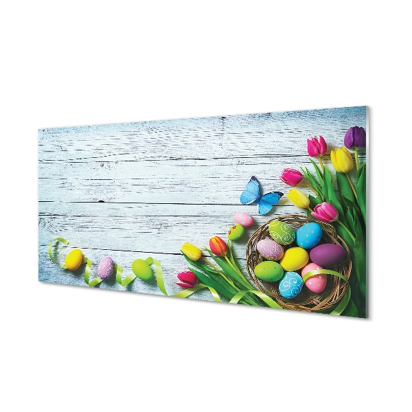 Színes tojások pillangó tulipánokkal Üvegfotó
