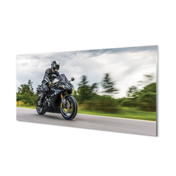 Motorkerékpár és motoros egy fa úton Üvegfotó