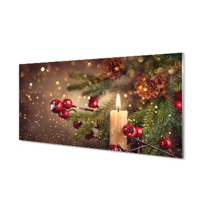 Áfonya gyertya karácsonyfa ágaival Üvegkép