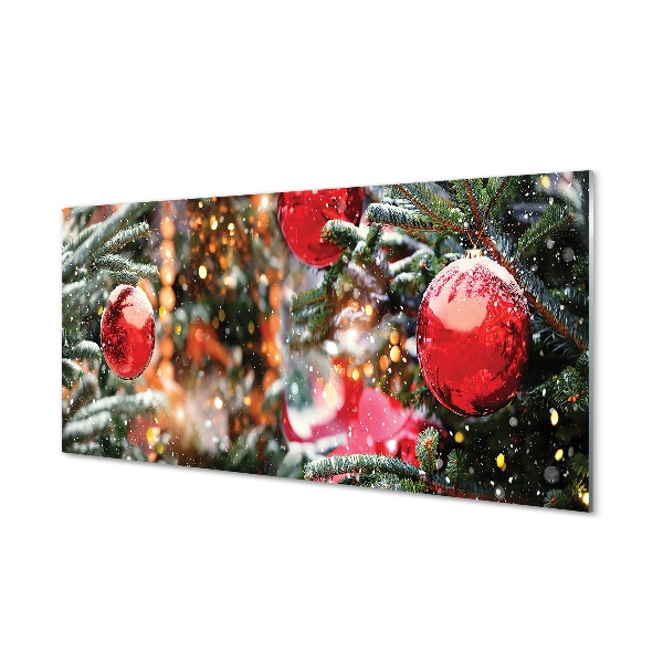 Karácsonyfa ágai a hóban baubles Üvegkép nyomtatás