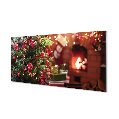 Karácsonyi kandalló, karácsonyfadíszek Üvegfotó