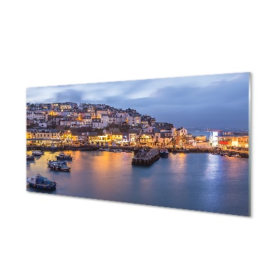 Város éjszaka, hajók a tengeren Üvegkép