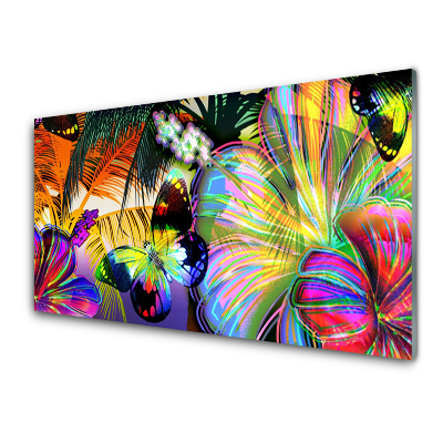 Üvegkép Falra Szivárvány pillangók és virágok