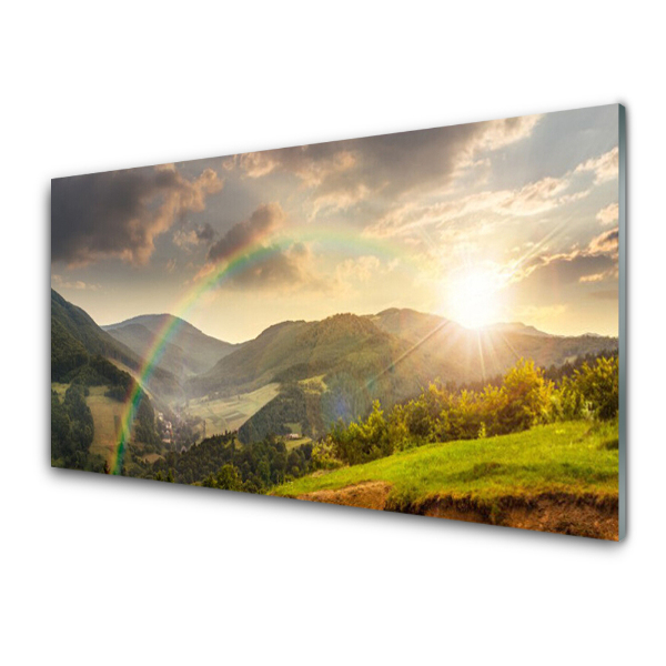 Egyedi Üvegkép Meadow Mountains Rainbow Sun