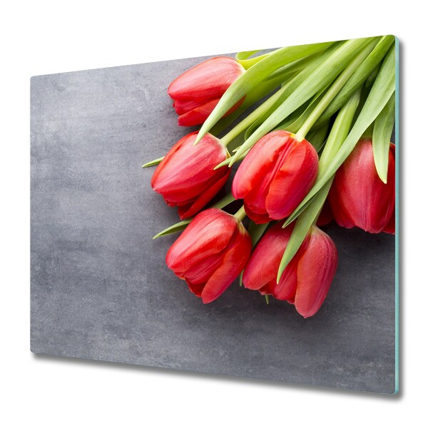 Üveg Vágódeszka Piros tulipánok szürke alapon