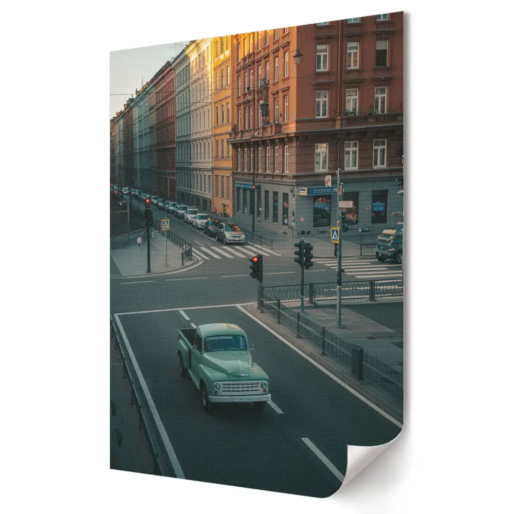 Plakát – Zöld autó a város utcáin
