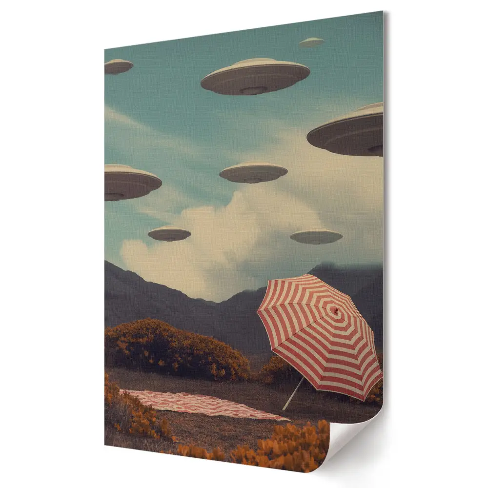 UFO és esernyő békés táj felett plakát