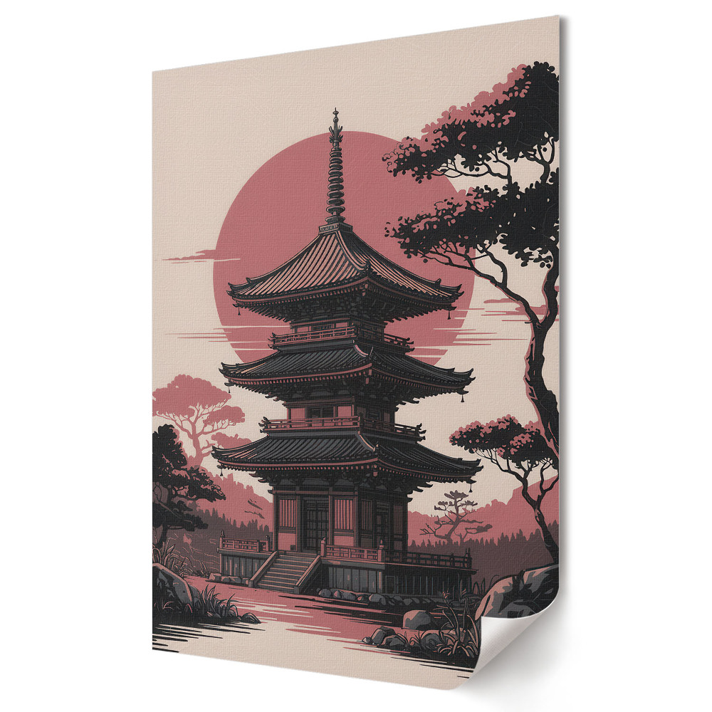 Fali poszter Japán pagoda a lenyugvó napban