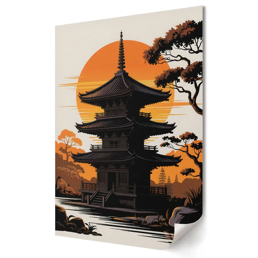 Japán pagoda a lenyugvó napban poszter