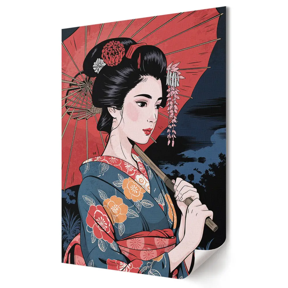 Japán szépség esernyővel éjszakai plakát