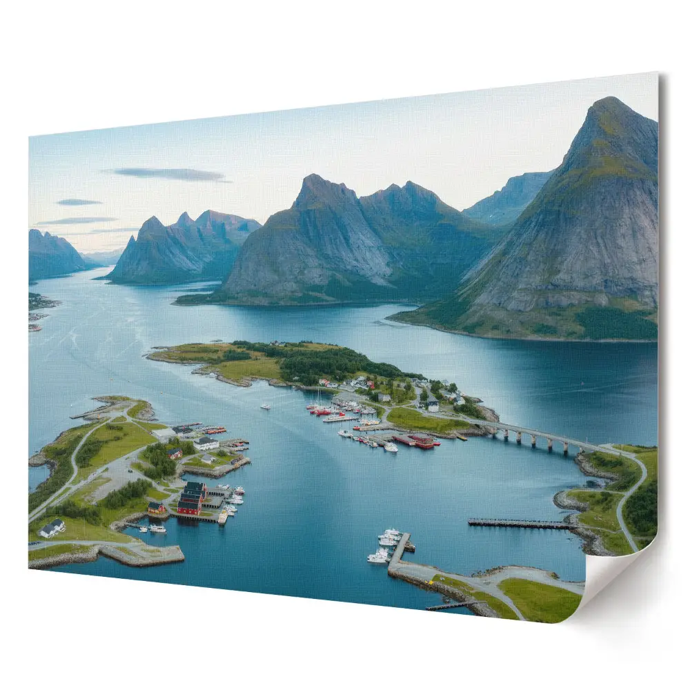 Retro poszter festői kilátással Norvégia fjordjaira