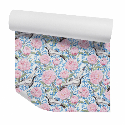 Foto tapeta Repülő madarak rózsaszín virágok között