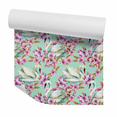 Öntapadós tapéta falra Hattyúk rózsaszín virágok között