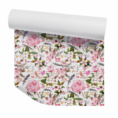 Zidna tapeta Vintage virágok tollak és szívek között