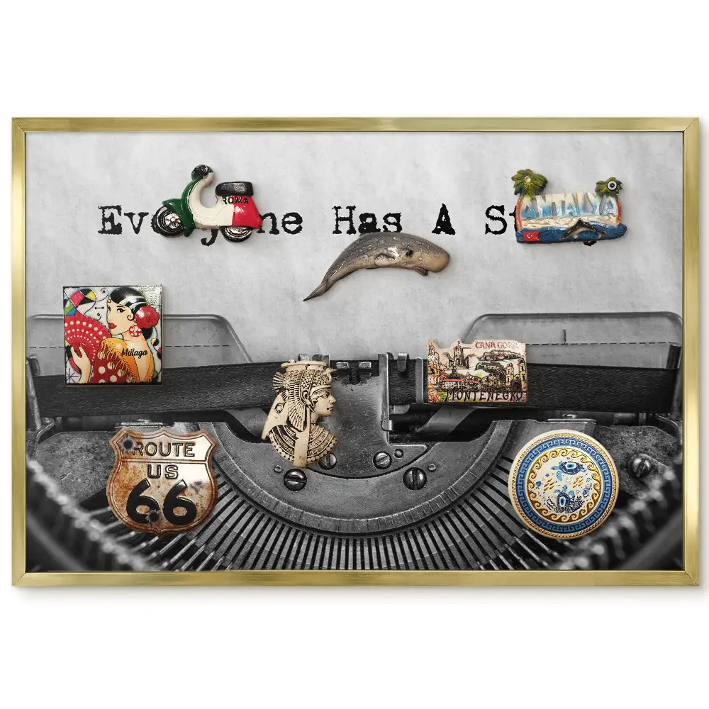 Retro írógép stílusú fém tábla mágnesekhez arany kerettel