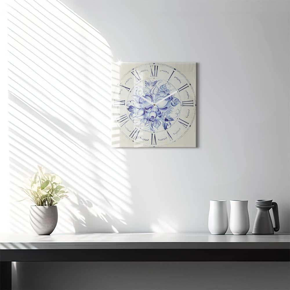 Szögletes üvegóra 30x30 Kék virágok