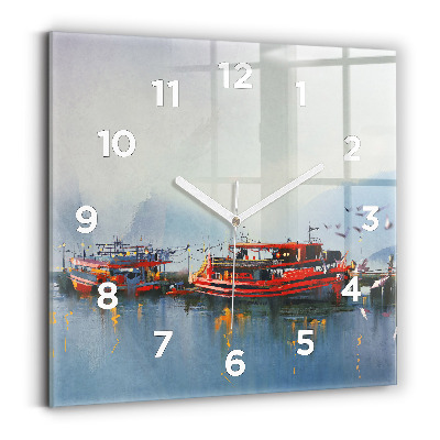 Négyzetes üvegóra 30x30 Horgászcsónak a kikötőben