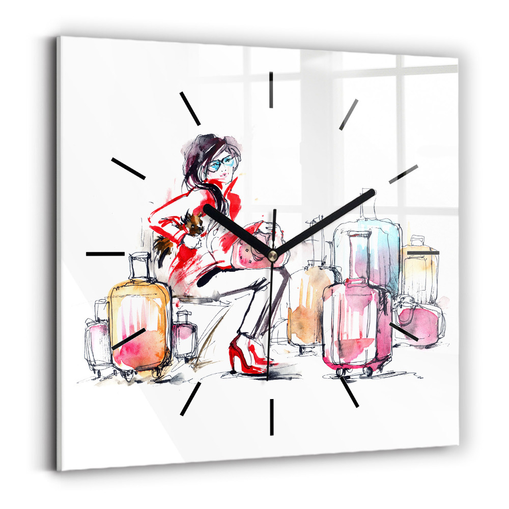 Szögletes üvegóra 30x30 Nő bőröndökkel