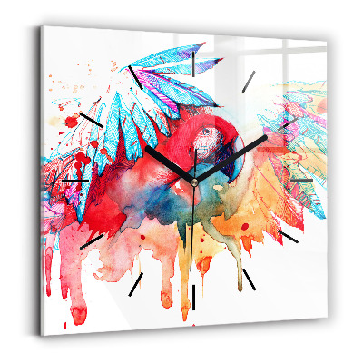 Szögletes üvegóra 30x30 Színes piros papagáj