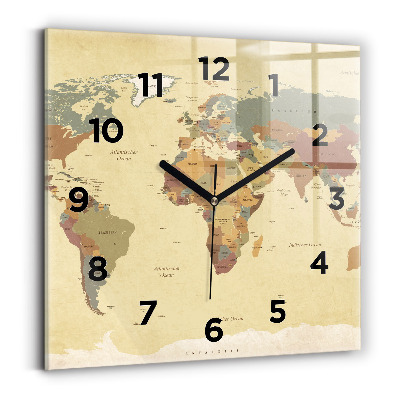 Négyzet alakú üvegóra 30x30 Világtérkép vintage stílusban
