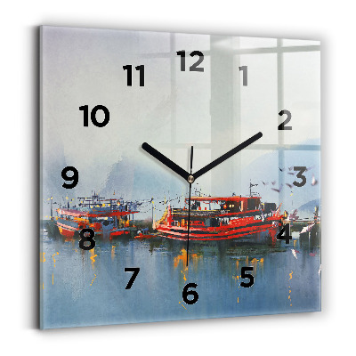 Négyzetes üvegóra 30x30 Horgászcsónak a kikötőben