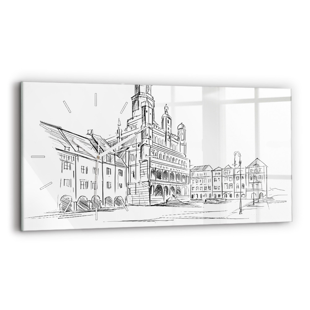 Négyszögletes üvegóra vízszintesen 60x30 Vázlat Poznań óvárosáról