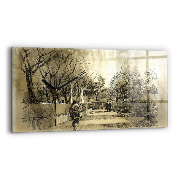 Négyszögletes üvegóra vízszintesen 60x30 Park és fák szepiában