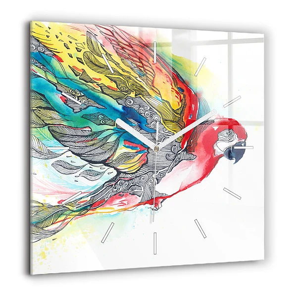 Négyzet alakú üvegóra 60x60 Színes papagáj repülés közben