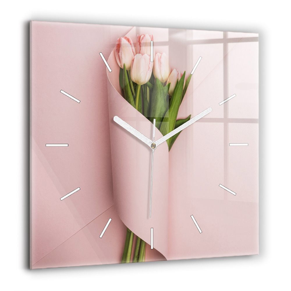 Négyzetes üvegóra 60x60 Tulipánvirág csokor