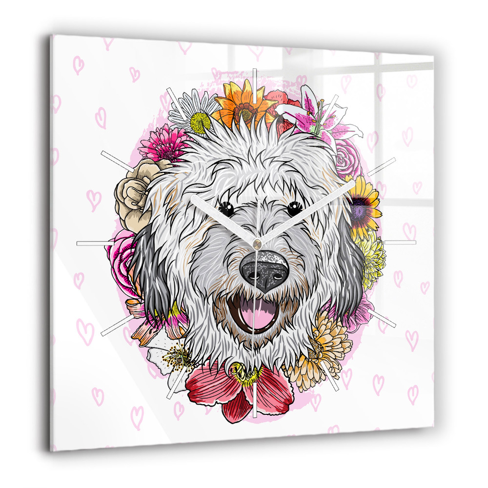 Szögletes üvegóra 60x60 Boldog kutya virágokban