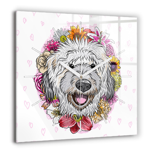 Szögletes üvegóra 60x60 Boldog kutya virágokban