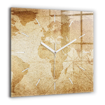 Szögletes üvegóra 60x60 Vintage világtérkép