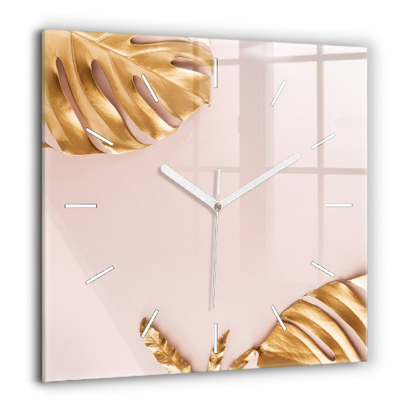 Szögletes üvegóra 60x60 Arany trópusi levelek