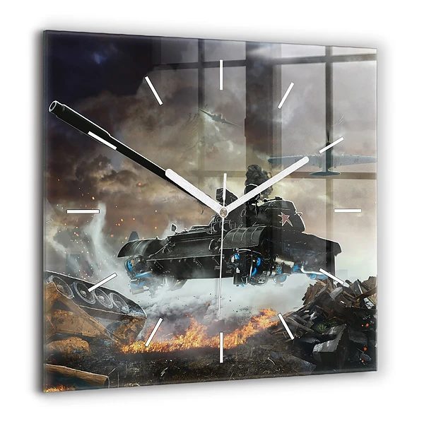 Négyzet alakú üvegóra 60x60 Tank grafika