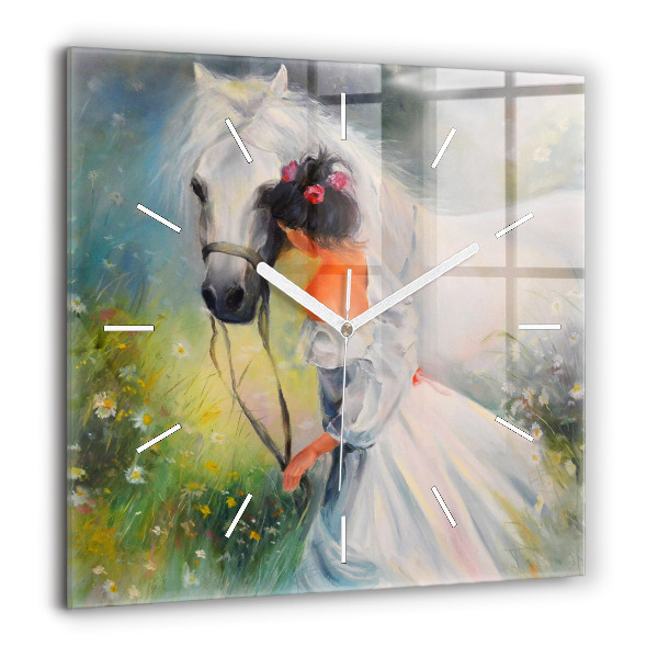 Szögletes fali üvegóra 60x60 Gyönyörű nő lóval