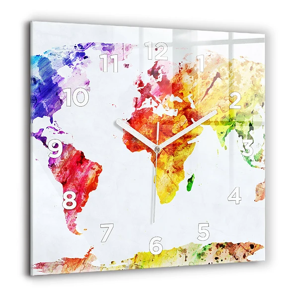 Négyzet alakú üvegóra 60x60 Akvarell világtérkép